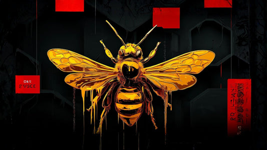 Stylized golden honey bee with outstretched wings on a dark geometric background, dramatic lighting highlighting detailed wings and body.