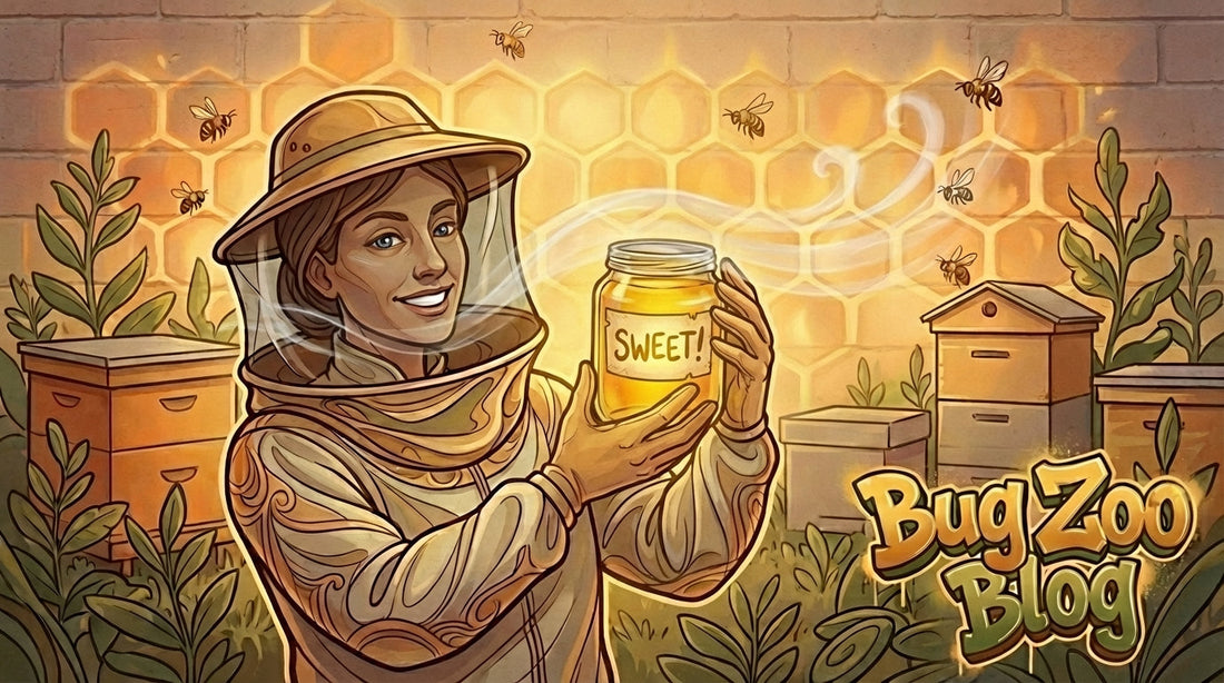 Illustrated Bug Zoo Blog cover showing a smiling beekeeper in a hat and veil holding a jar of honey, with bees, honeycomb pattern, plants, and a hive in a warm golden backyard scene.