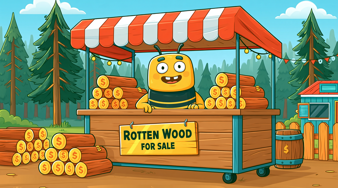 Cartoon Bess beetle selling stacks of rotten wood at a cheerful forest market stand labeled “Rotten Wood for Sale.”