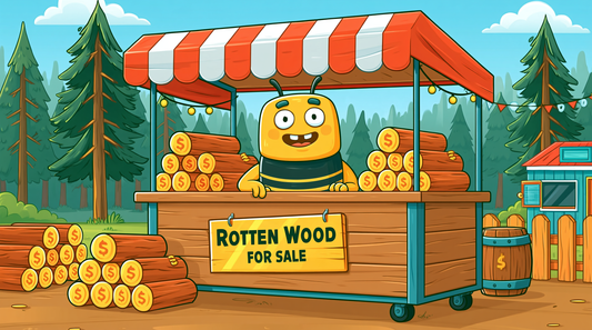 Cartoon Bess beetle selling stacks of rotten wood at a cheerful forest market stand labeled “Rotten Wood for Sale.”
