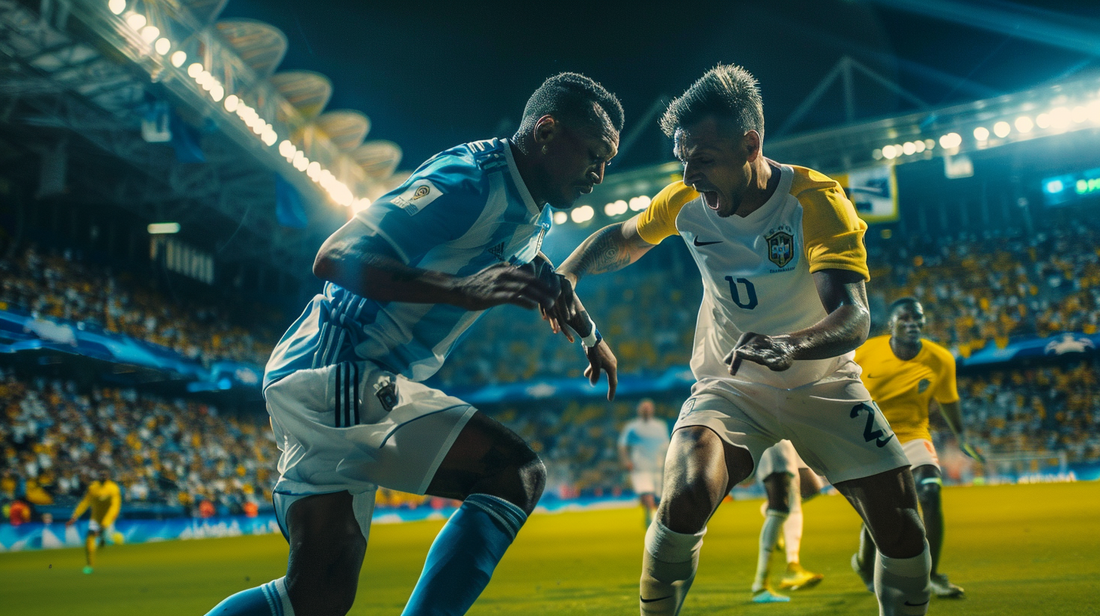 A split screen showing a live soccer match between Brazil and Uruguay, with passionate fans cheering in the background, one side in yellow and green, the other in blue and white