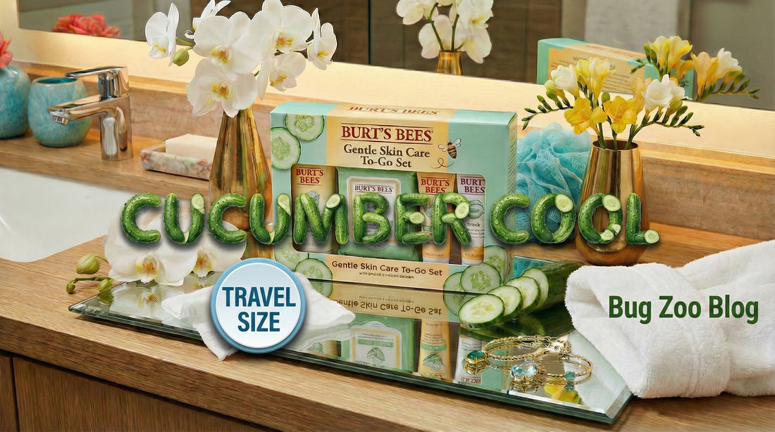 Travel-size gentle skincare set displayed on a bathroom vanity with cucumber slices, soft towels, and natural spa accents, creating a calm, cucumber-themed self-care scene.