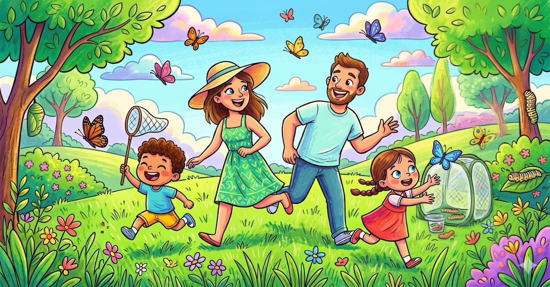 Colorful illustrated scene of a family with two children in a sunny flower-filled meadow, watching butterflies while one child carries a mesh butterfly habitat, capturing the joy of outdoor butterfly discovery.