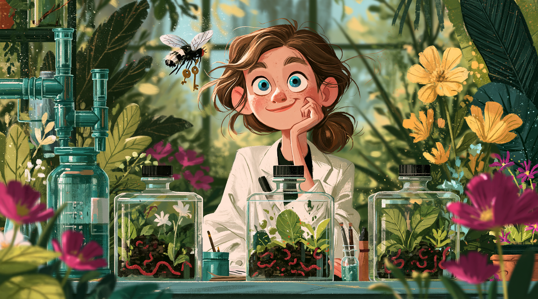 Smiling blue-eyed scientist beside three glass compost chambers as a fly hovers above carrying tiny keys.