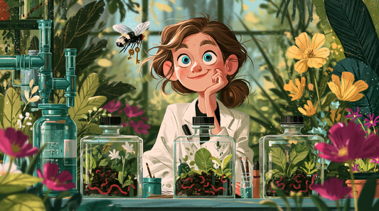 Smiling blue-eyed scientist beside three glass compost chambers as a fly hovers above carrying tiny keys.