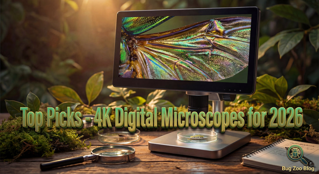 Digital microscope on a desk in leafy greenery, screen showing an iridescent insect wing close-up, with title text: Top Picks - 4K Digital Microscopes for 2026.