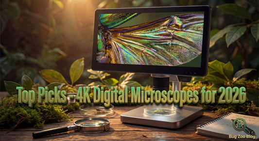 Digital microscope on a desk in leafy greenery, screen showing an iridescent insect wing close-up, with title text: Top Picks - 4K Digital Microscopes for 2026.
