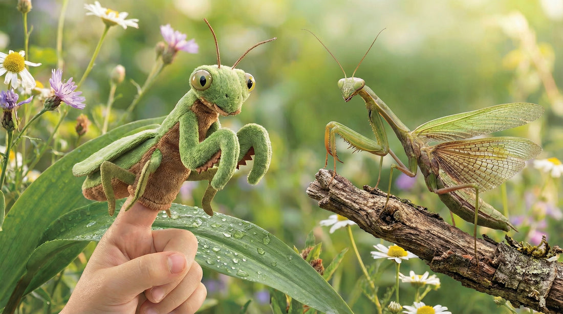 Realistic green praying mantis finger puppet on a child’s hand, soft garden background, whimsical bug details, and a real praying mantis sitting on a branch looking at the toy, no text