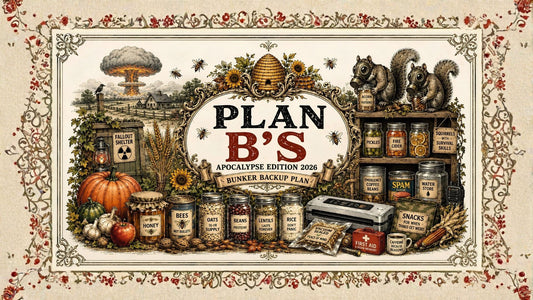 Vintage survival illustration reading “PLAN B’S Apocalypse Edition 2026: Bunker Backup Plan,” with gas-mask squirrels, bees, stored food and a distant mushroom cloud.
