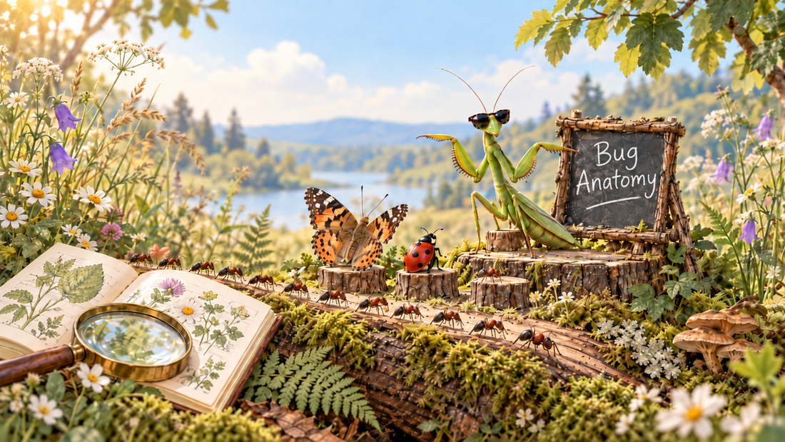 Sunglasses-wearing praying mantis teaches bug anatomy to a painted lady butterfly, ladybug and ants in a miniature woodland classroom.
