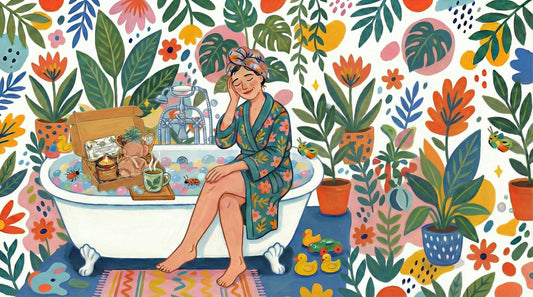Colorful illustration of a woman in a floral robe sitting on the edge of a bathtub with a petal-filled bath, with a spa gift box, candle, and honey jar on a tray, surrounded by lush flowers and potted plants.