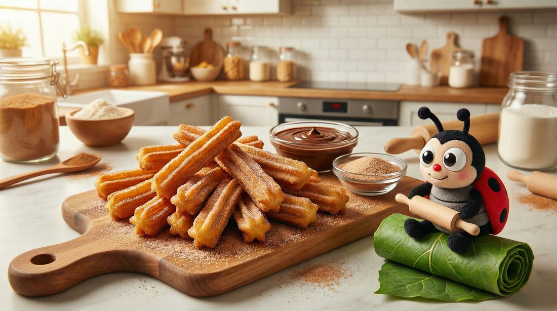 Freshly made churros served on a wooden board with cinnamon sugar and chocolate sauce, accompanied by a smiling ladybug toy on a wrapped green leaf in a cozy kitchen.