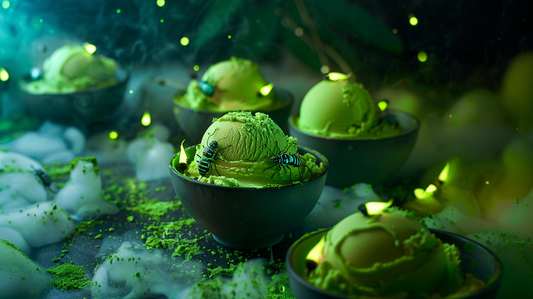 A whimsical gelato shop interior, bathed in soft, bioluminescent light from hanging glowworms, as a happy family enjoys scoops of glowing gelato.