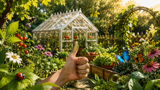 a colorful garden image with a greenhouse and a thumbs up with a green thumb to show how easy it is to garden with a greenhouse