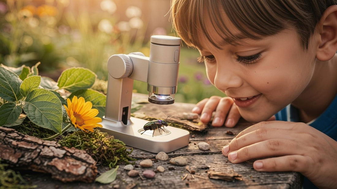 A handheld microscope examines a beetle and plant details on a sunlit garden table.