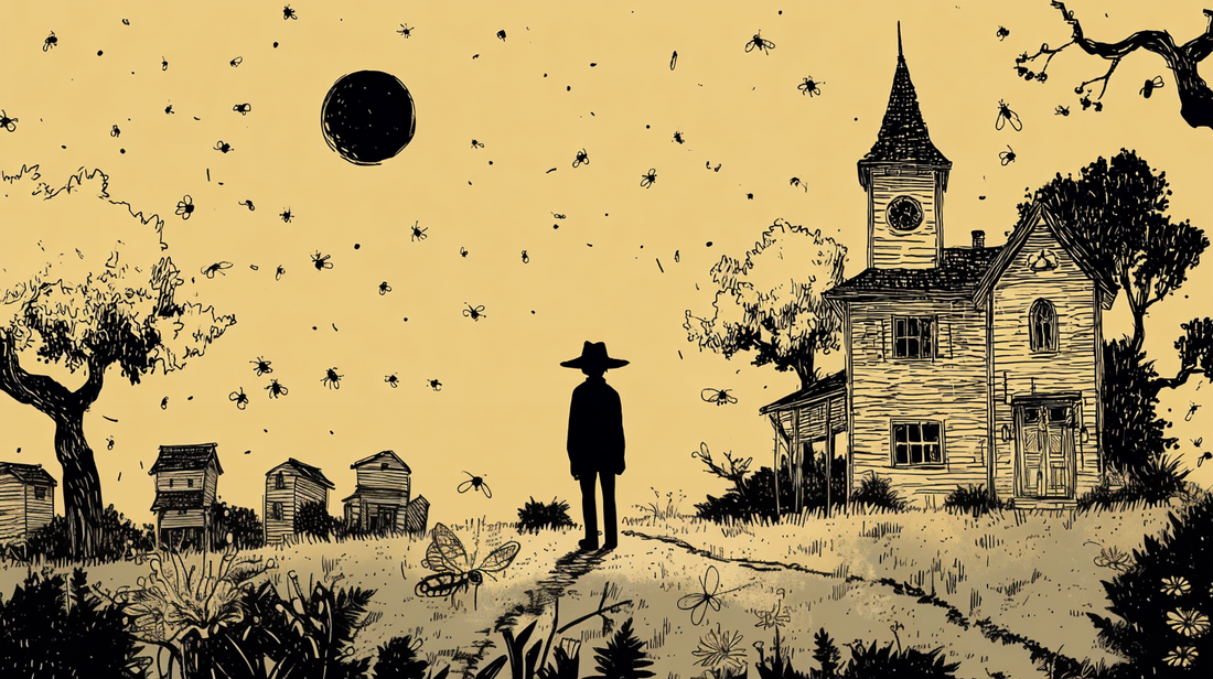 Stylized woodblock print of a beekeeper walking toward a rustic homestead with stacked beehives in the yard, under a golden sky filled with bees and a large sun, in a warm, textured landscape.