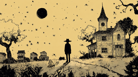 Stylized woodblock print of a beekeeper walking toward a rustic homestead with stacked beehives in the yard, under a golden sky filled with bees and a large sun, in a warm, textured landscape.