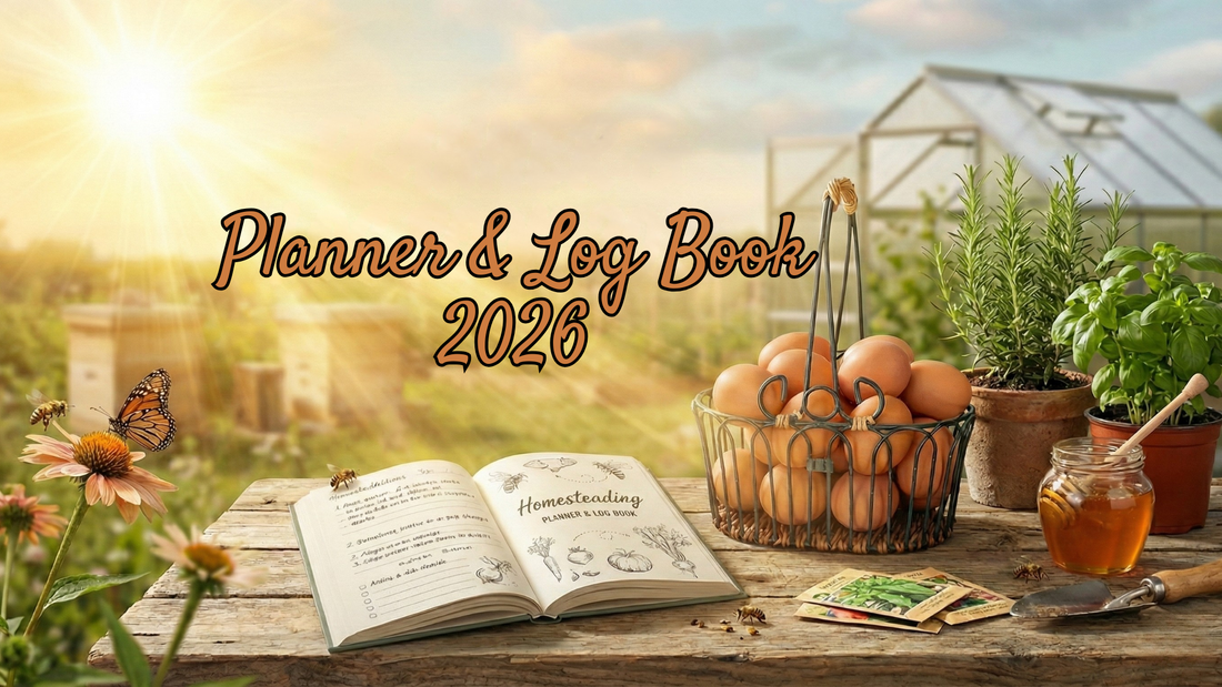 A rustic wooden table in a sunlit garden setting with beehives and a greenhouse in the background. On the table are a wire basket filled with brown eggs