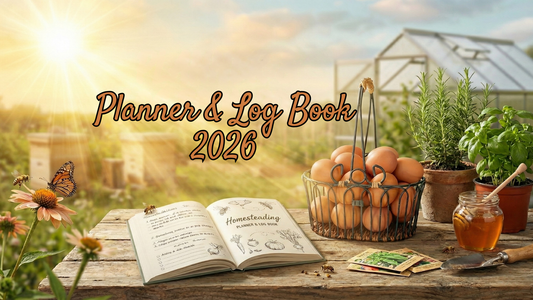 A rustic wooden table in a sunlit garden setting with beehives and a greenhouse in the background. On the table are a wire basket filled with brown eggs