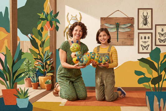 Woman and child displaying colorful insect-inspired gifts in a plant-filled room with beetle and nature wall decor.