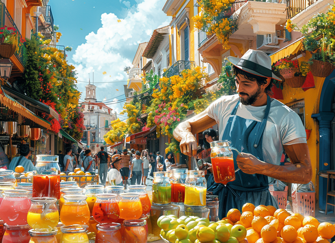 A whimsical street vendor using a magical juicer to squeeze colorful lanternflies into a vibrant glass of lemonade, surrounded by a bustling summer market scene.