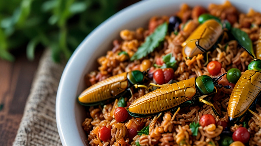 A vibrant digital illustration of a person cooking a jambalaya that's brimming with colorful jewel beetles, beside an open cookbook titled Jewel Beetle Jambalaya: A Recipe for Adventure, in a whimsical, enchanted forest kitchen setting.