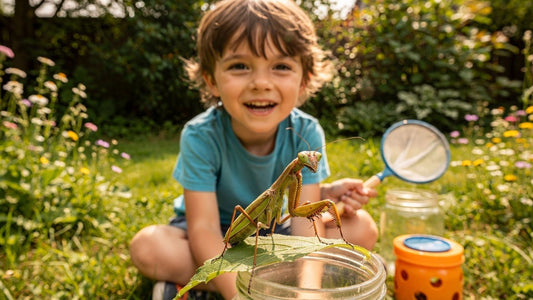 A smiling child explores backyard insects with a colorful praying mantis in the foreground.