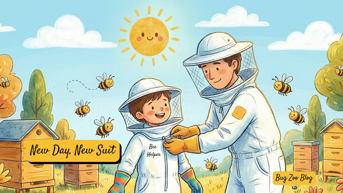 Illustration of an adult helping a child zip up a beekeeping suit beside beehives on a sunny day, with bees flying and a “New-Day New Suit” sign in the background.