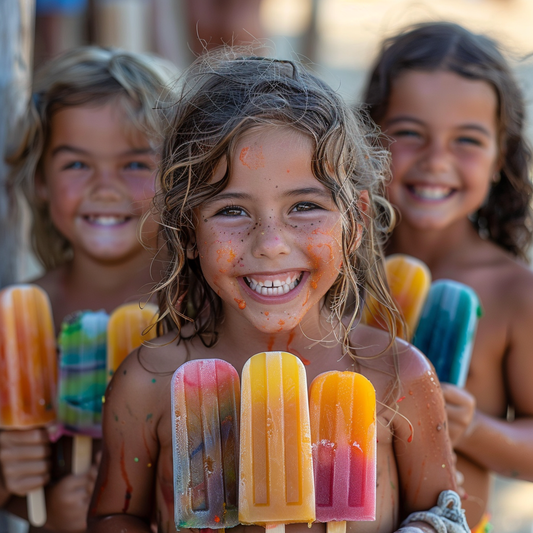 A group of smiling children on a sunny beach, enjoying colorful popsicles with tiny plankton shapes visible inside.