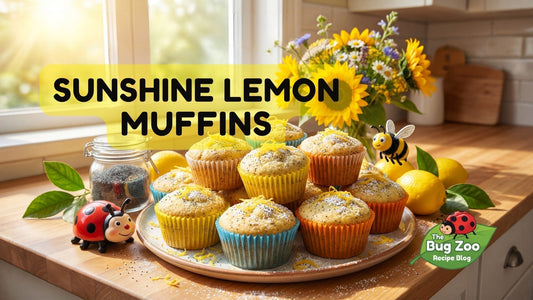 Plate of golden lemon poppy seed muffins topped with sugar glaze, surrounded by fresh lemons, yellow flowers, and a small ladybug figurine on a wooden table in sunlight. Bold text reads “Sunshine Lemon Muffins.”