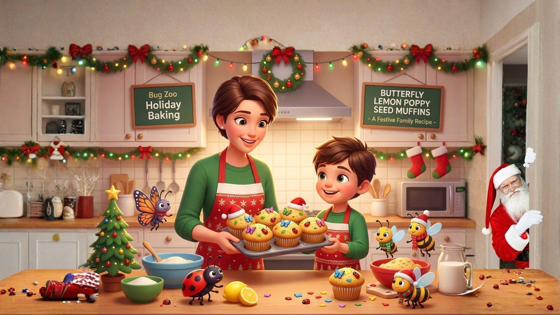 A parent and child in a festively decorated kitchen, baking butterfly-topped lemon poppy seed muffins surrounded by Christmas lights, ladybug toys, and holiday cheer.