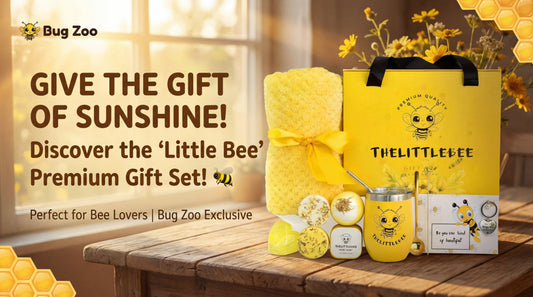 Yellow bee-themed gift box with honey-inspired spa items, plush blanket, candle, and bath products arranged on a wooden table, designed as a cheerful self-care gift for bee lovers.