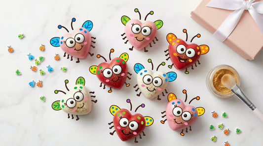 Heart-shaped Love Bug Truffles decorated with candy eyes, antennae, and colorful wings on a marble surface with scattered bug sprinkles, gold luster dust, and a pink gift box
