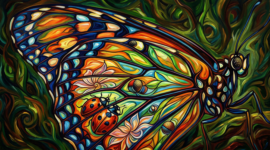 Colorful close-up illustration of a butterfly wing with a ladybug resting on it, surrounded by swirling green leaves and bold stained-glass-like patterns.