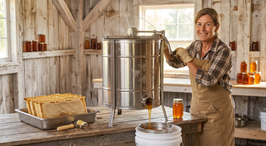 Beekeeper turning the hand crank on a stainless steel honey extractor as golden honey drains into a filtered collection bucket.