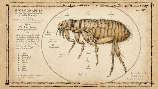 Antique-style morphological plate of a cat flea in profile, with labeled body parts inside a circular microscope field.
