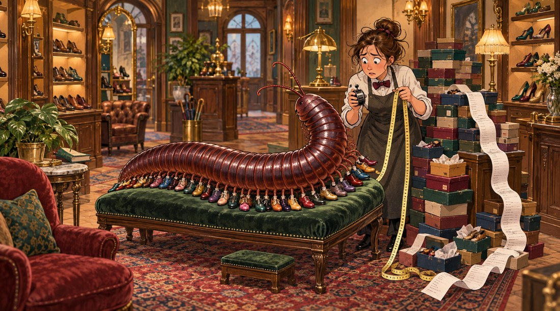 Giant millipede tries on rows of tiny shoes while a frazzled clerk counts shoeboxes in an elegant shoe shop.