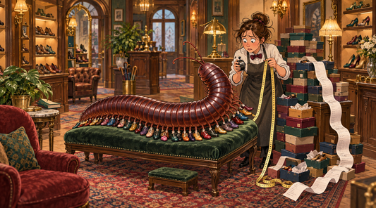 Giant millipede tries on rows of tiny shoes while a frazzled clerk counts shoeboxes in an elegant shoe shop.