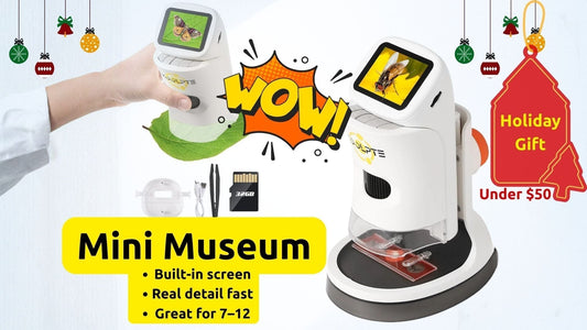 Kids’ mini microscope on blue holiday background with hanging ornaments and bold text ‘Mini Museum – Built-in screen, Real detail fast, Great for 7–12.’ STEM gift under $50.