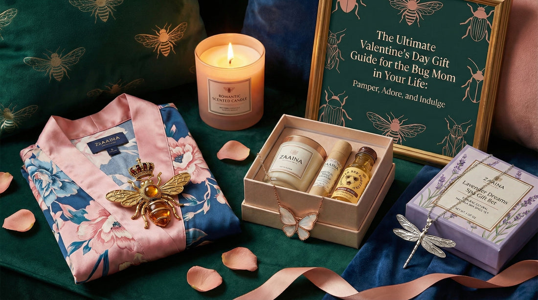 Valentine's Day gift flat lay with silk robe, queen bee brooch, ZAAINA spa set, dragonfly and butterfly necklaces, candle, and rose petals on emerald velvet