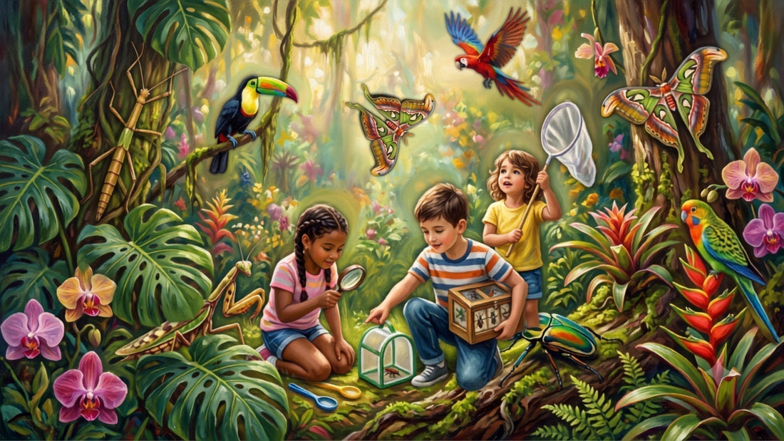 Children use magnifiers, nets and observation habitats to study insects during an outdoor nature activity.