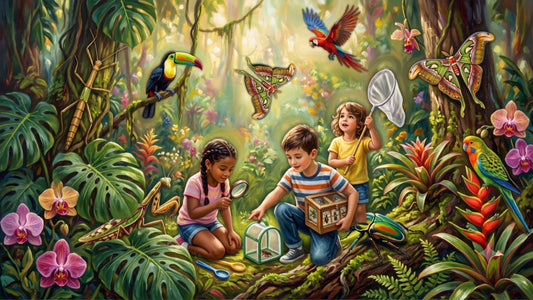 Children use magnifiers, nets and observation habitats to study insects during an outdoor nature activity.