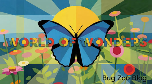 Colorful illustration of a blue butterfly over a sunny, geometric meadow with flowers, with the words “WORLD OF WONDERS” and “Bug Zoo Blog.”