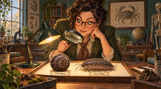 Science teacher uses a magnifying glass to compare a curled pill bug and a flat sow bug in a natural-history classroom.