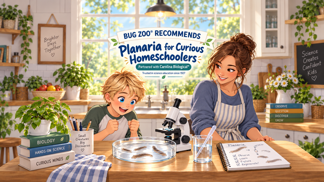 Mother and curious young homeschooler studying planaria with a microscope in a sunny kitchen science lesson.