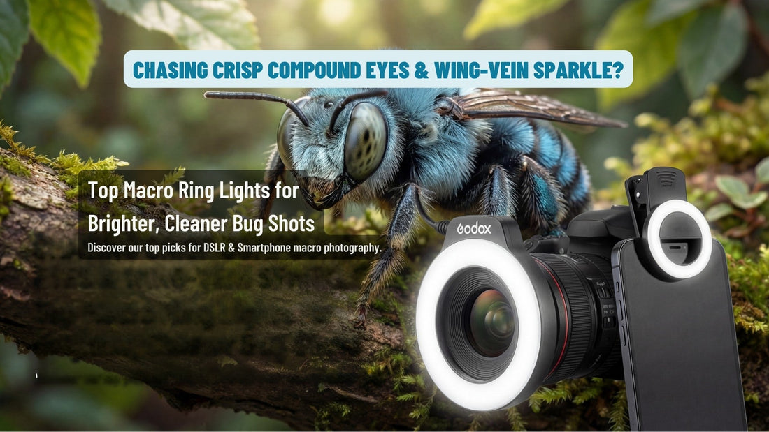 Blog header graphic showing a blue bee on a branch beside a camera and phone with bright ring lights, with text about chasing crisp compound eyes and wing-vein sparkle and top macro ring lights for brighter, cleaner bug shots.