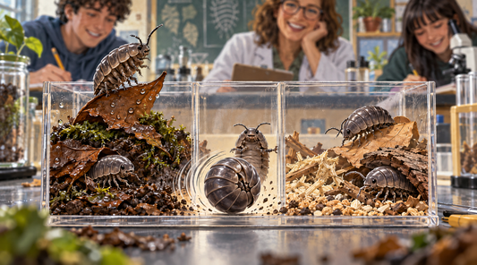 Roly-polies crawl and roll through wet leaves and dry wood chips in a choice chamber as students and their teacher observe.