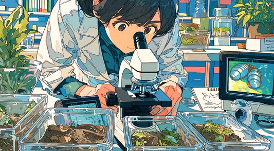 Colorful illustration of a woman examining isopods through a microscope, with small habitat trays and a magnified isopod displayed on a screen.