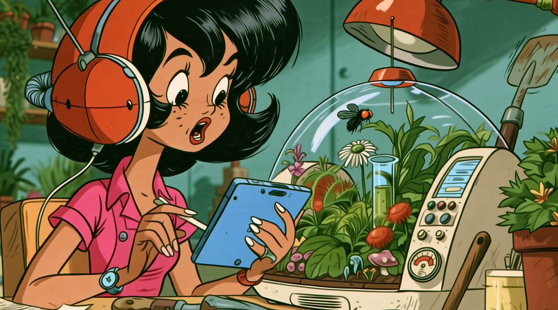Retro cartoon of a woman using a tablet beside a lush automated glass terrarium with digital controls.