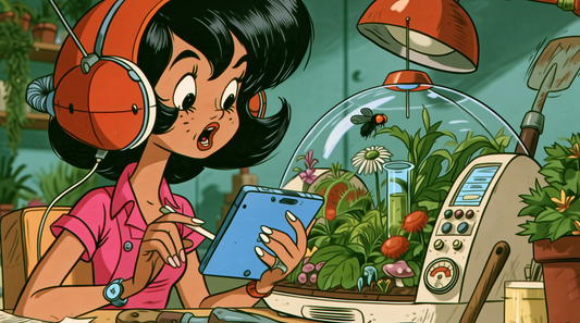 Retro cartoon of a woman using a tablet beside a lush automated glass terrarium with digital controls.